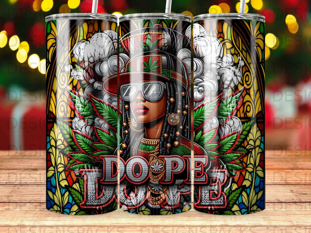 Woman wearing sunglasses and hat with "Dope Love" text, surrounded by colorful stained glass.