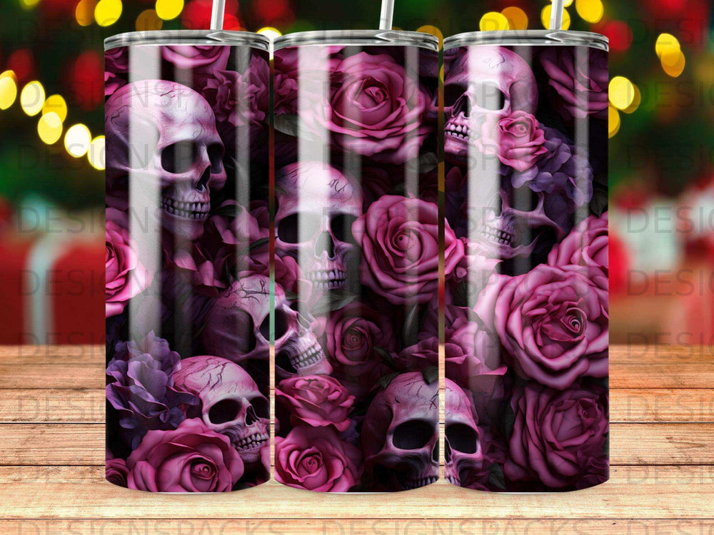Skulls and pink roses in a repeating pattern.