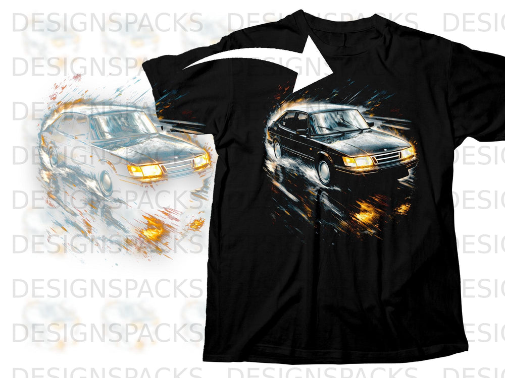 Black t-shirt with graphic of a black Saab 900 Turbo on wet road.