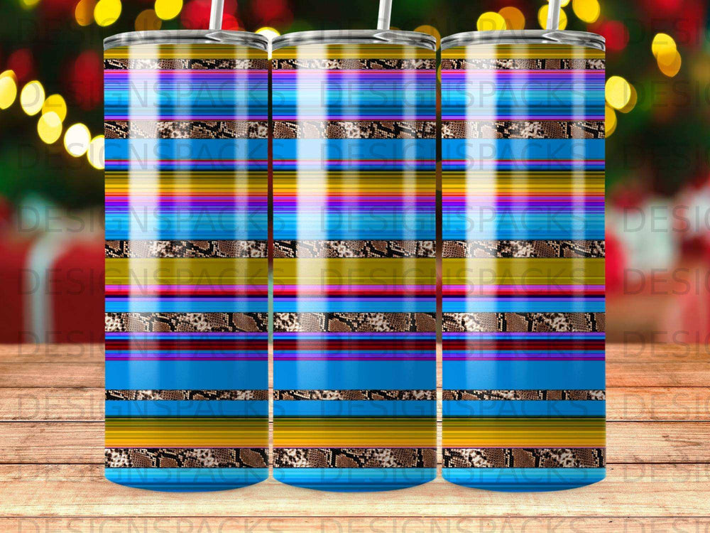 Tumbler with colorful stripes and snake print accents.