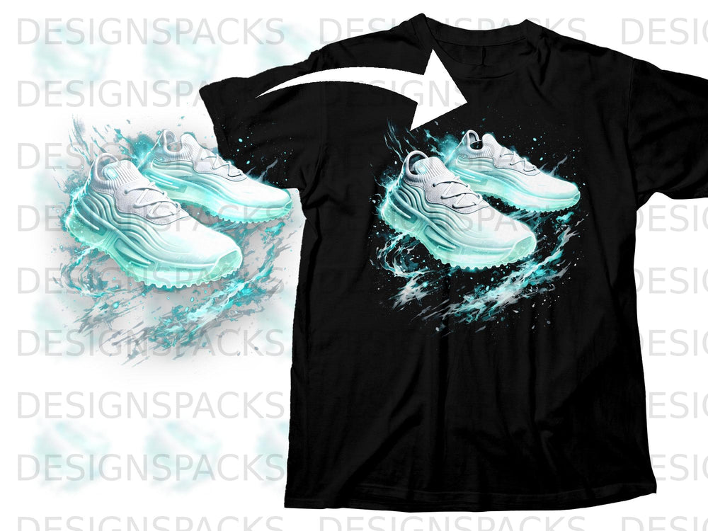 Black t-shirt featuring a design of glowing white sneakers with blue energy.