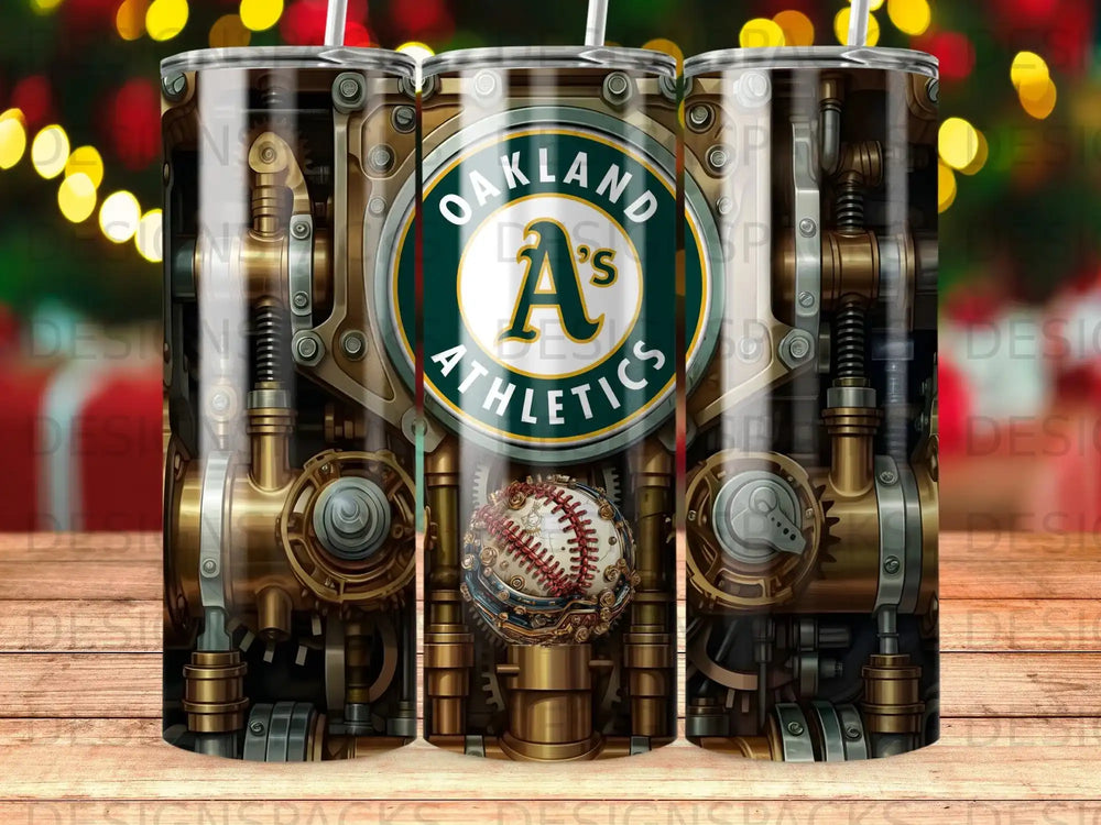Oakland Athletics baseball tumbler with a steampunk gear design.