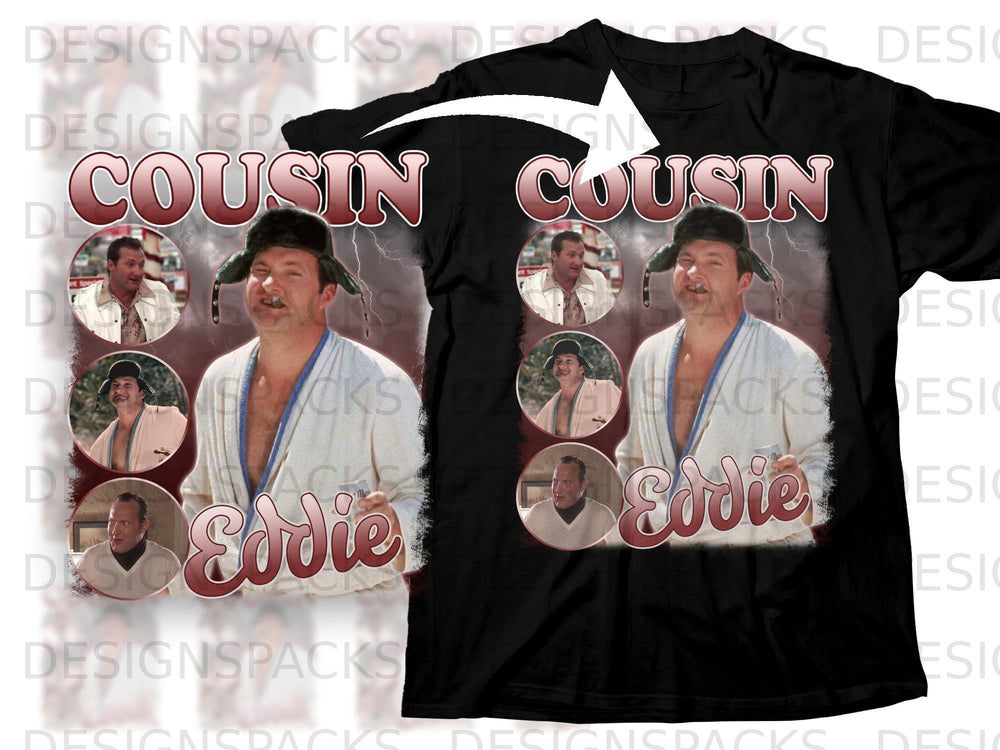 T-shirt with "Cousin Eddie" text and multiple images of an actor in a robe.