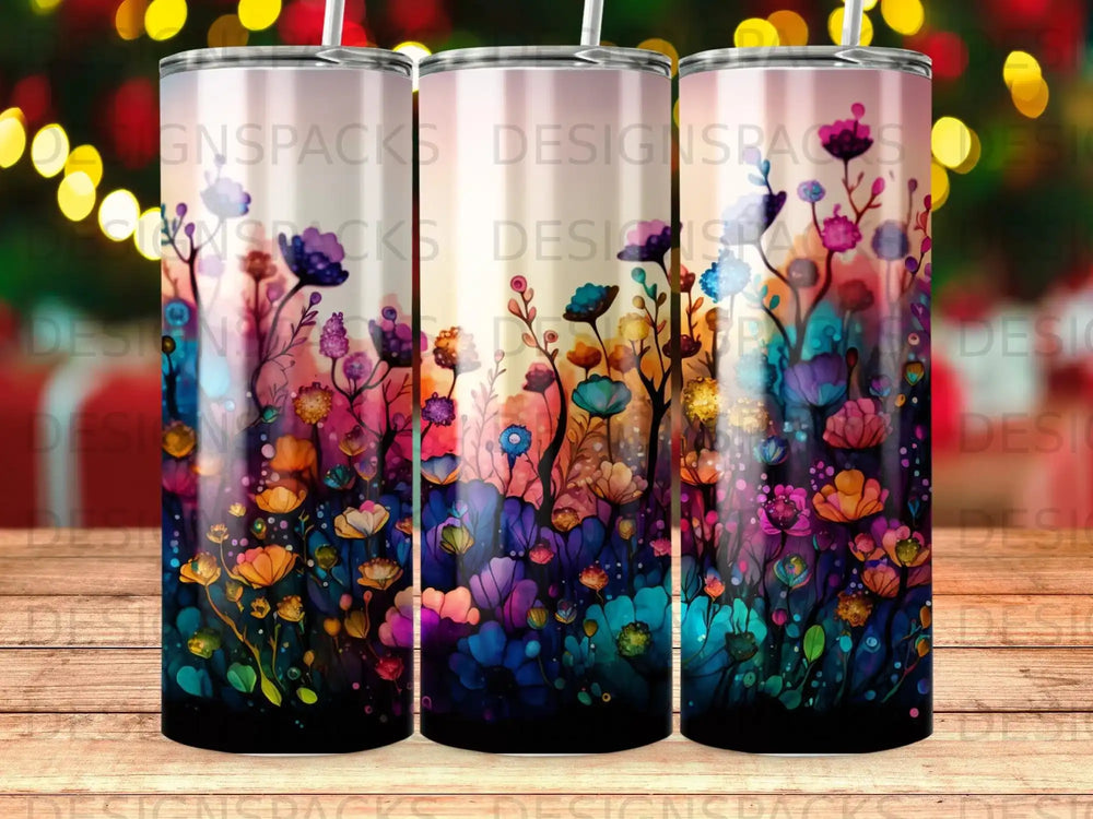 Three tumblers decorated with a vibrant, colorful floral watercolor design.