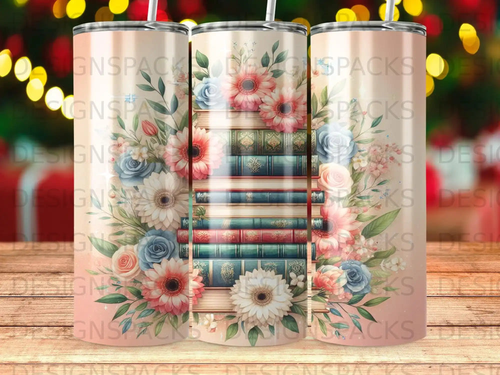 Floral pattern on a stack of books with a sublimation template overlay.