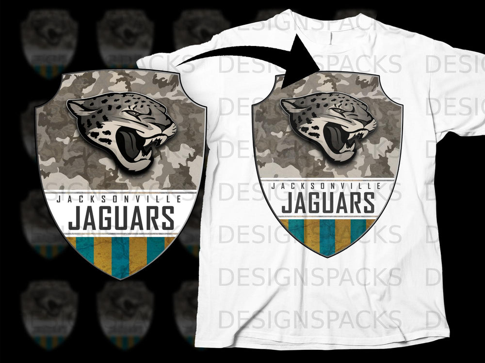 Jacksonville Jaguars shield logo with camouflage and stripes, on a white t-shirt.