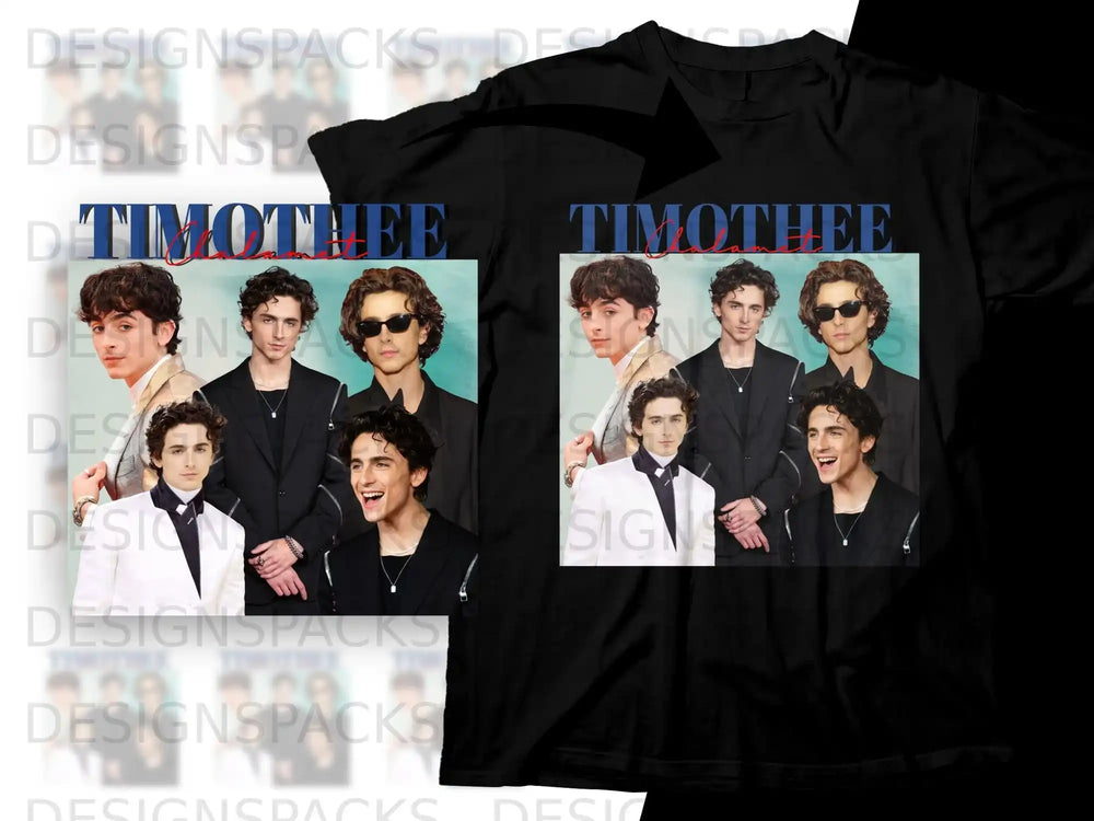 Timothée Chalamet montage on a black t-shirt.