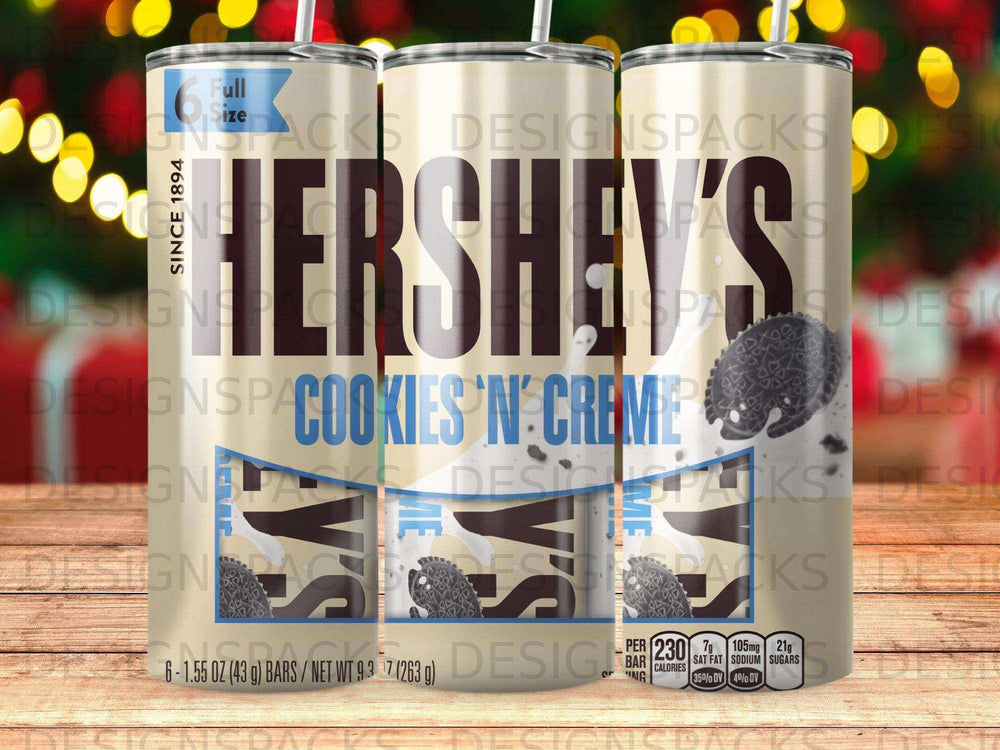 Hershey's Cookies 'n' Creme candy bar packaging with nutritional information.