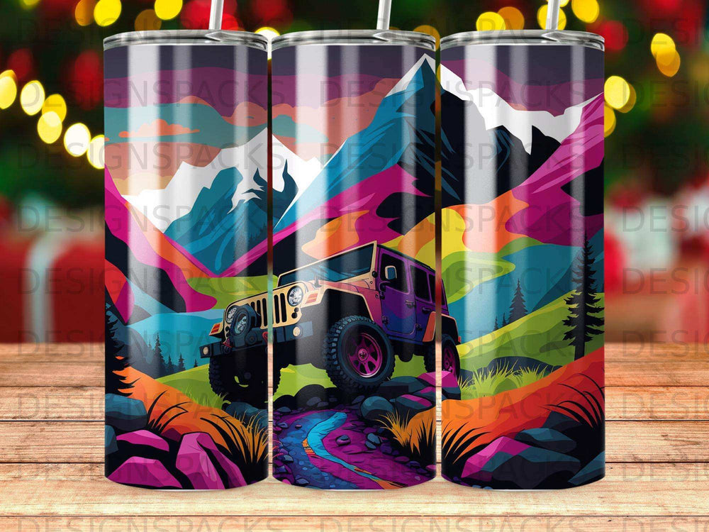 Colorful abstract Jeep on a mountain trail with vibrant geometric patterns.