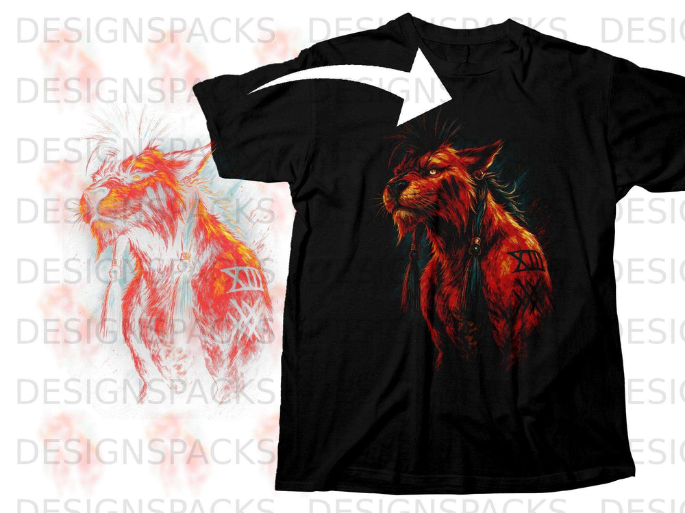 Black t-shirt with a close-up graphic of a red wolf head with tribal markings.
