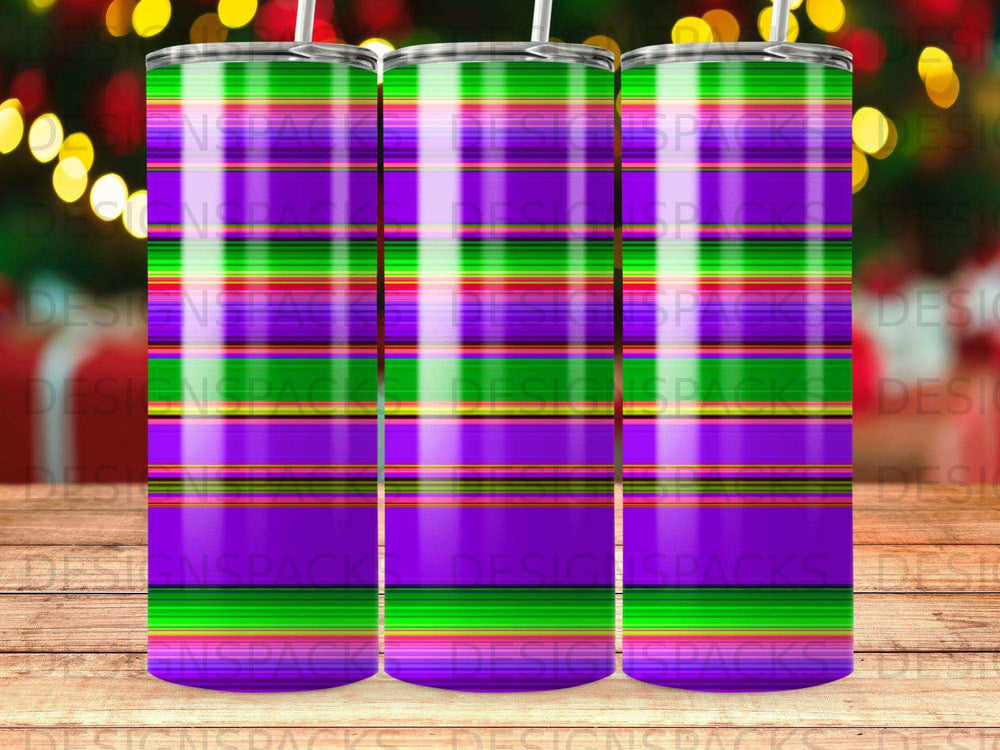 Tumbler with purple, green, and blue horizontal stripes and repeating "DESIGNS PACK" watermark.