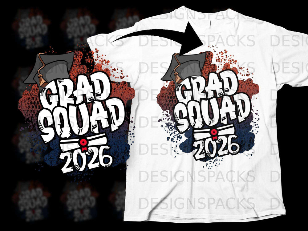 Grad Squad 2026 design with graduation cap and diploma on white t-shirt