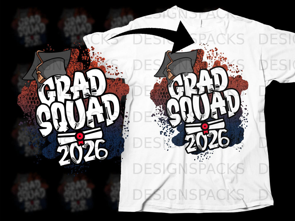 Grad Squad 2026 design with graduation cap and diploma on white t-shirt
