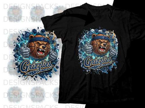 Grizzlies t-shirt with angry bear mascot, thumbs up, and blue lightning design.