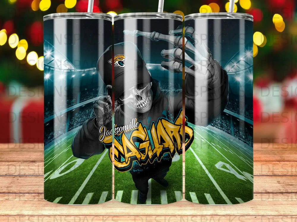 Jacksonville Jaguars skull character on stadium field, sports tumbler.