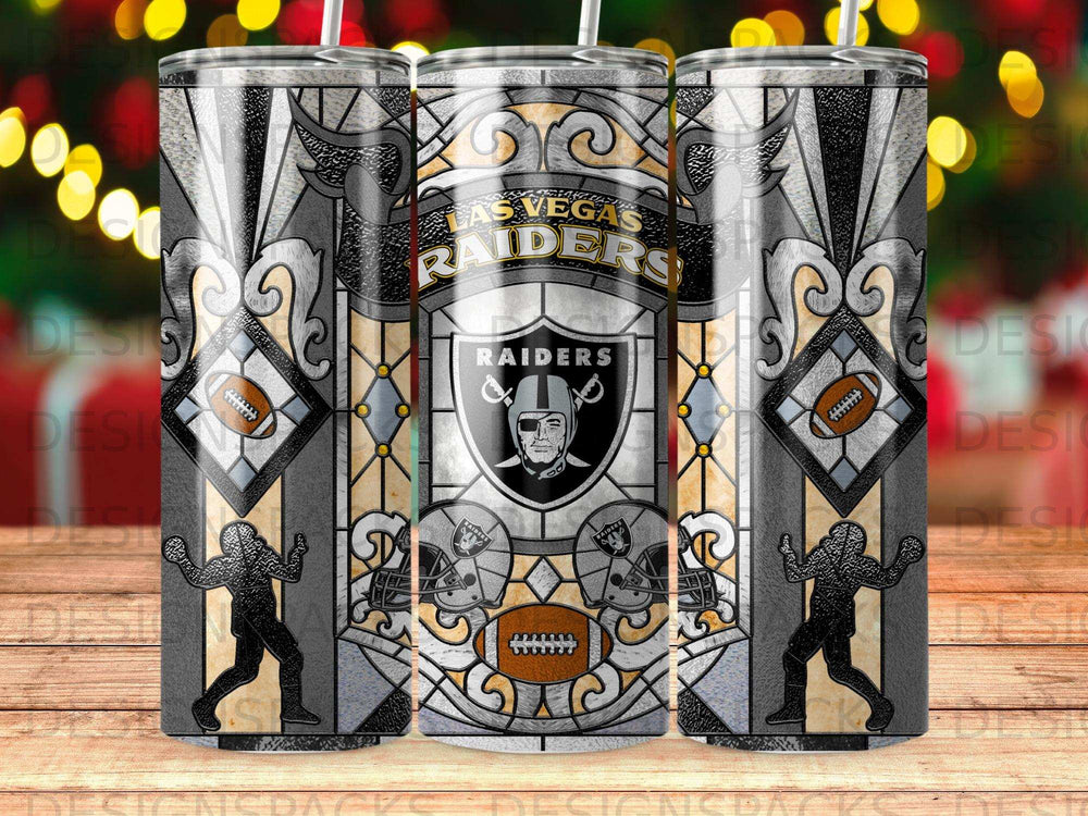 Las Vegas Raiders stained glass tumbler with football and player motifs.