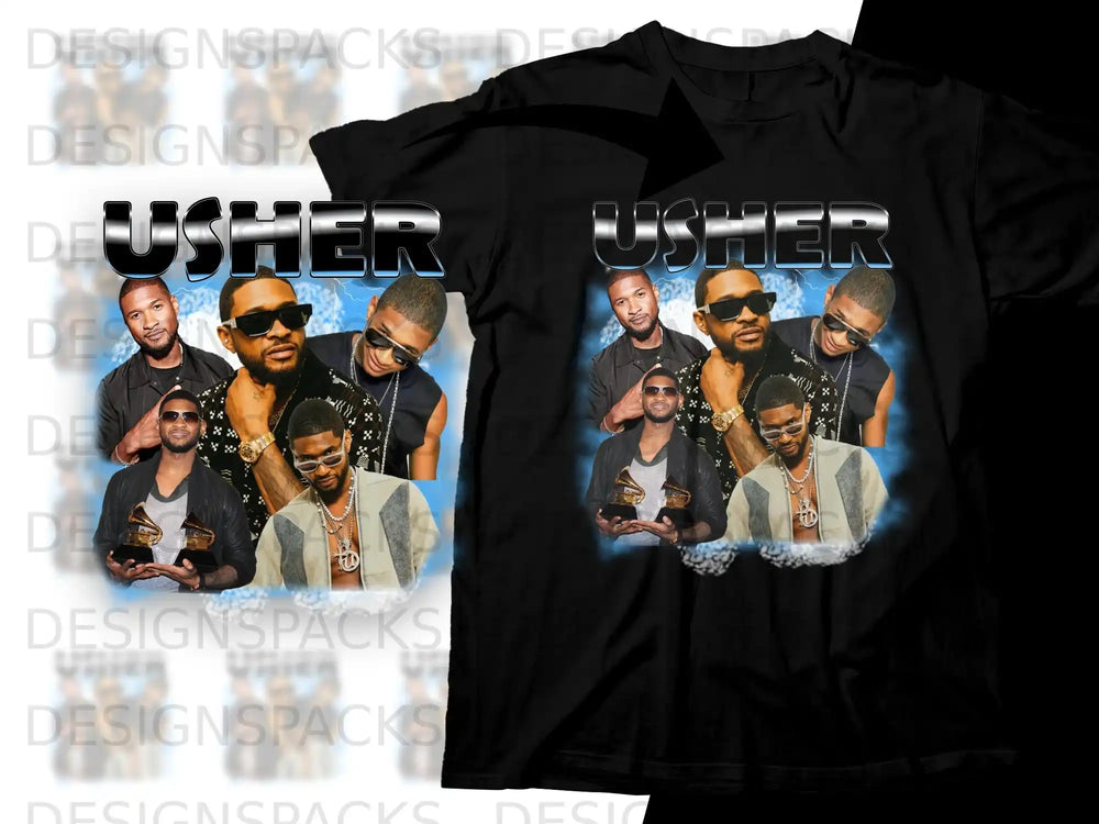 Black t-shirt featuring Usher with Grammy awards and sunglasses.
