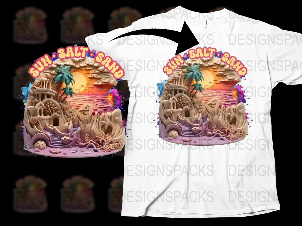 Colorful Beach Scene T-Shirt, Sun Salt Sand Graphic, Tropical Palm Tee, Unisex Summer Fashion