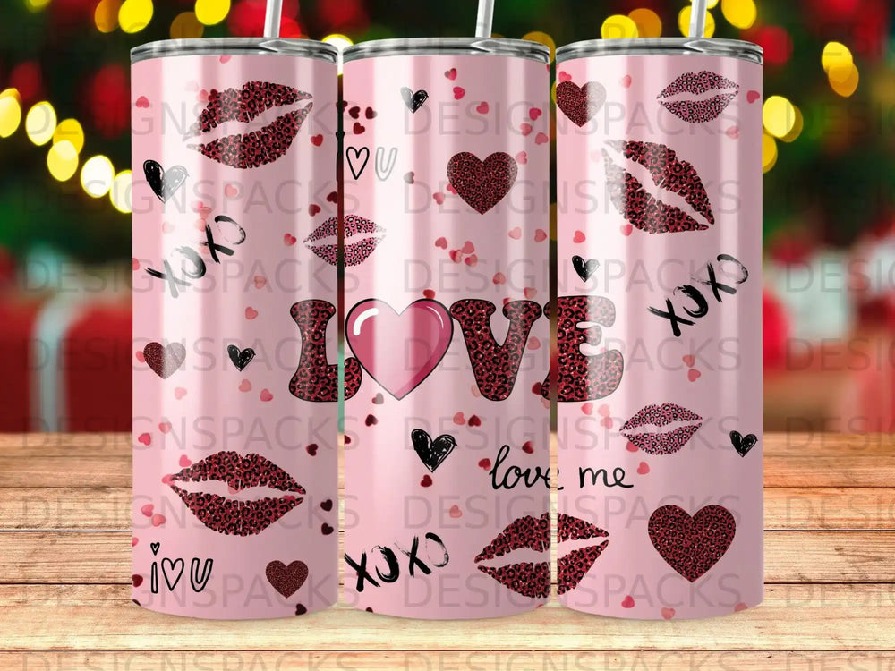 Pink tumbler with "LOVE" in leopard print letters and kissing lips graphic.