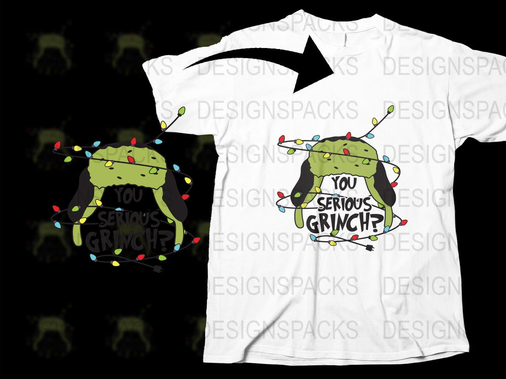 Funny Christmas T-Shirt, 'You Serious Grinch?' Holiday Tee, Festive Lights and Quote, Unisex White Shirt