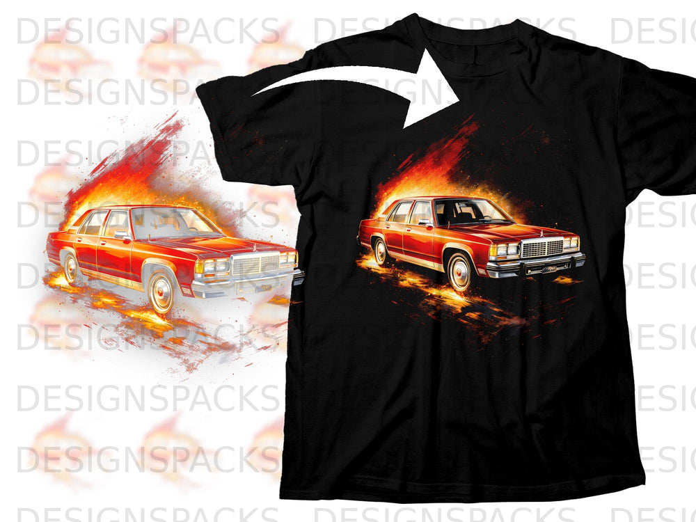 Black t-shirt with a graphic of a red car engulfed in flames.