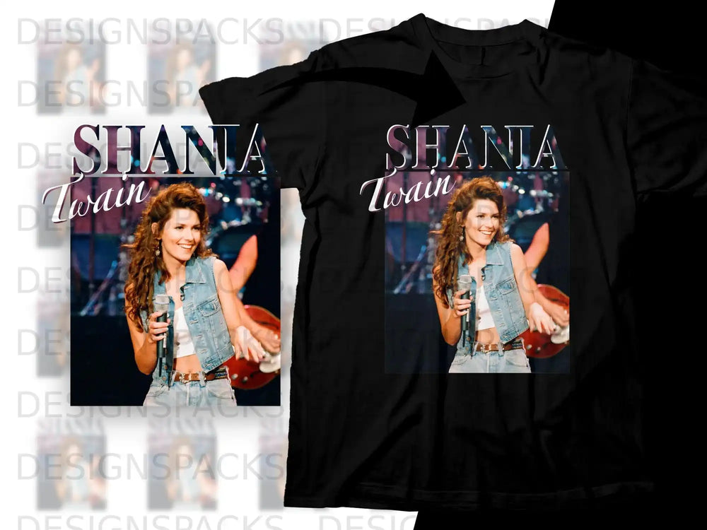 Shania Twain in denim vest and white top on black t-shirt graphic.