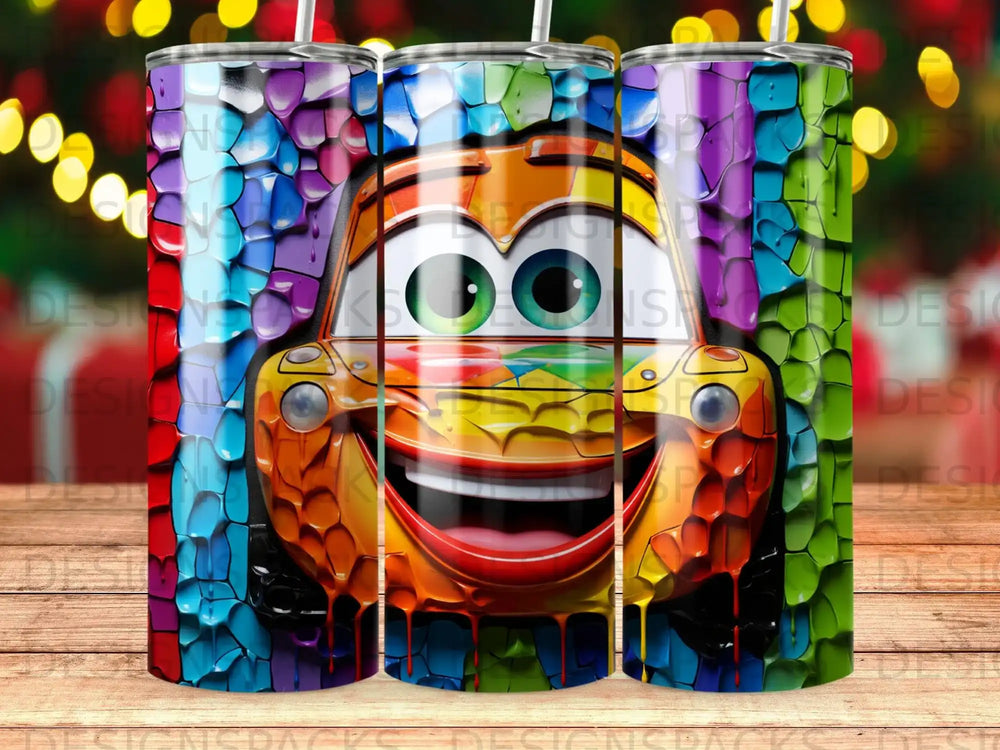 Rainbow-colored cartoon car with wide smile and large eyes.