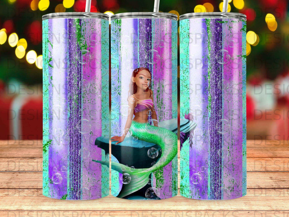 Mermaid on a rock with a colorful, striped background.