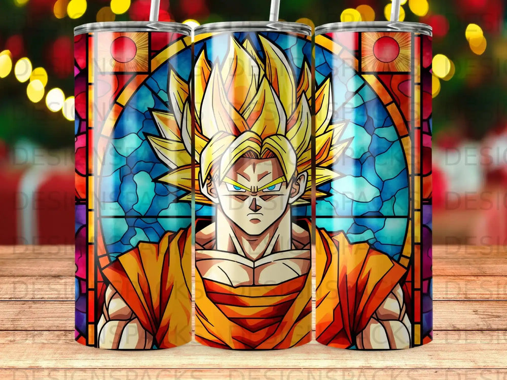 Goku from Dragon Ball Z depicted in a stained glass style on a tumbler.
