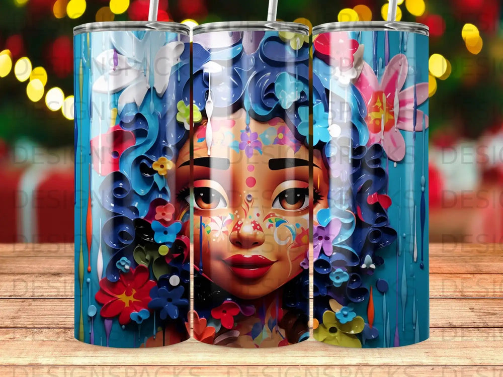 Colorful woman's face with floral accents on a blue background.