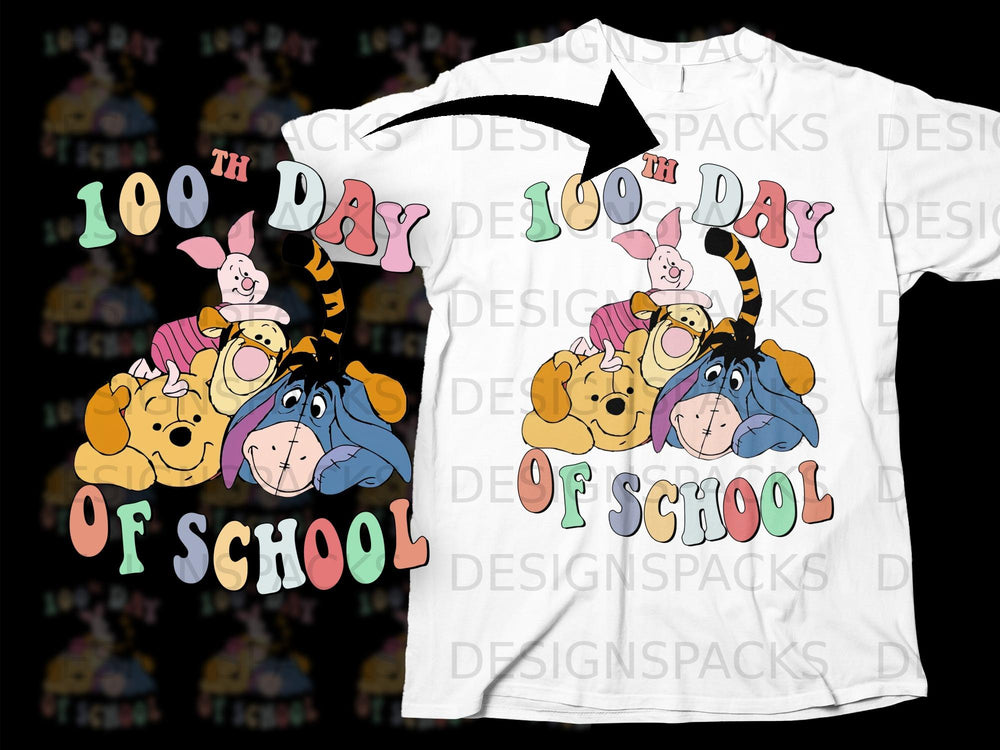 Winnie the Pooh characters celebrate "100th Day Of School" with colorful text.