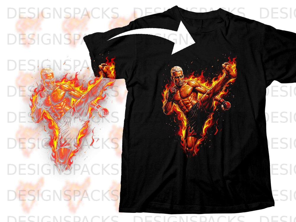 Black t-shirt featuring a fighter engulfed in flames performing a kick.