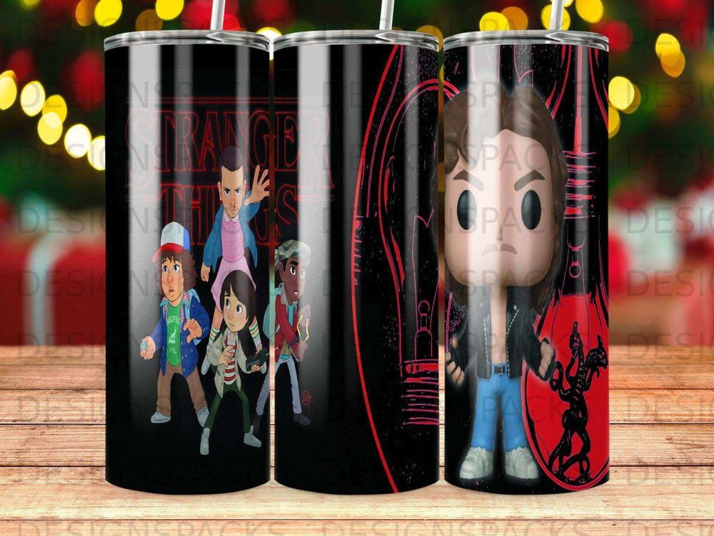 Stranger Things characters on a black tumbler with red accents.