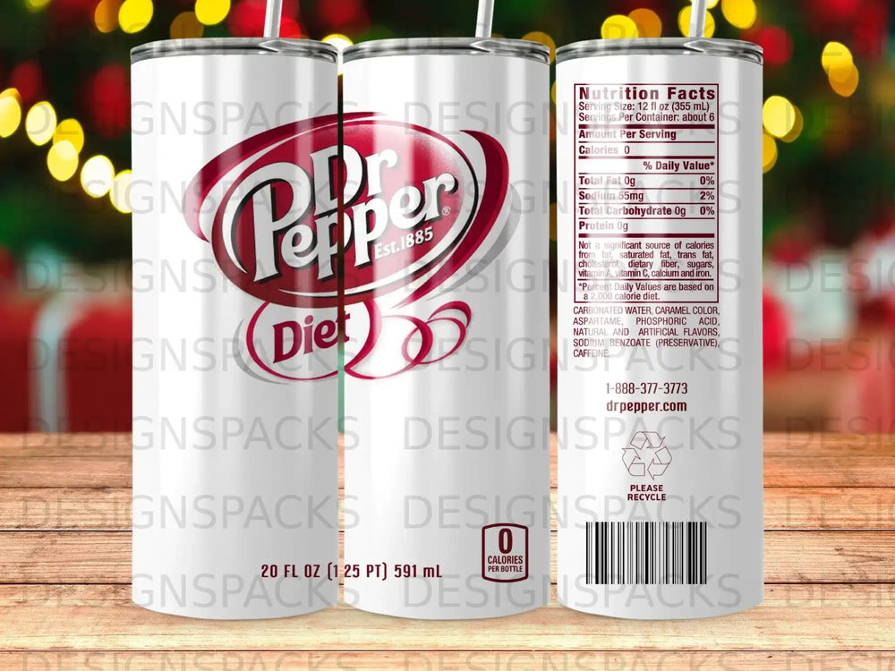 Dr Pepper 20 oz tumbler with nutritional information and recycling symbol.