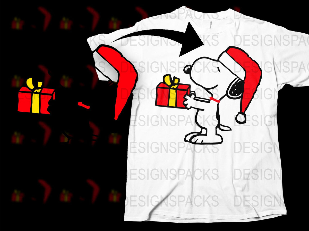 Snoopy Christmas T-Shirt, Peanuts Holiday Gift Tee, Cartoon Dog with Present, Festive Winter Apparel