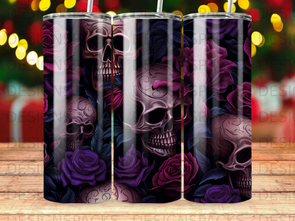 Skulls and deep purple roses pattern on a tumbler.
