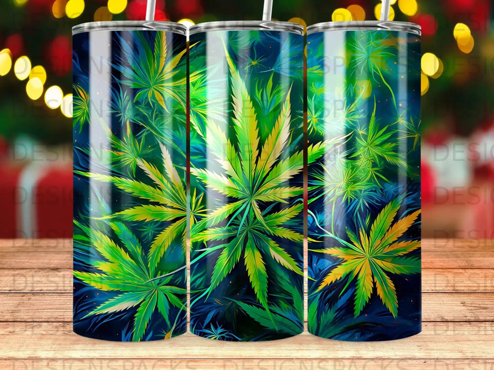 Cannabis leaf pattern on a tumbler with a dark blue and green background.