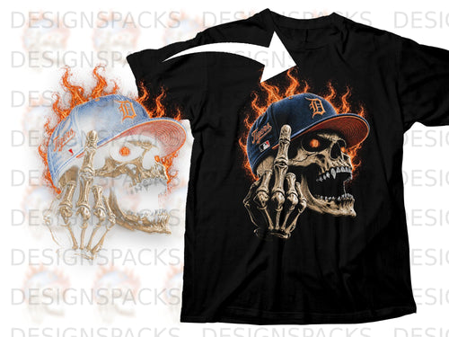 Black t-shirt with a flaming skull wearing a Tigers baseball cap.