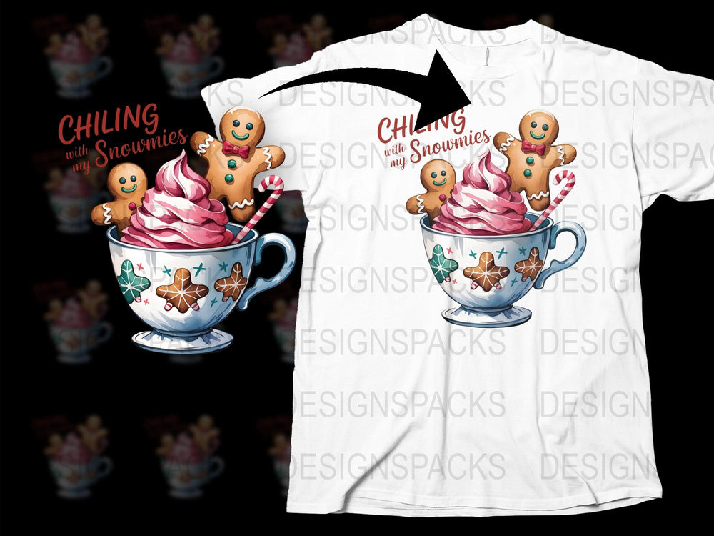 Cute Gingerbread T-Shirt, Chilling with My Snowmies, Holiday Graphic Tee, Christmas Cup Design, Festive Winter Apparel