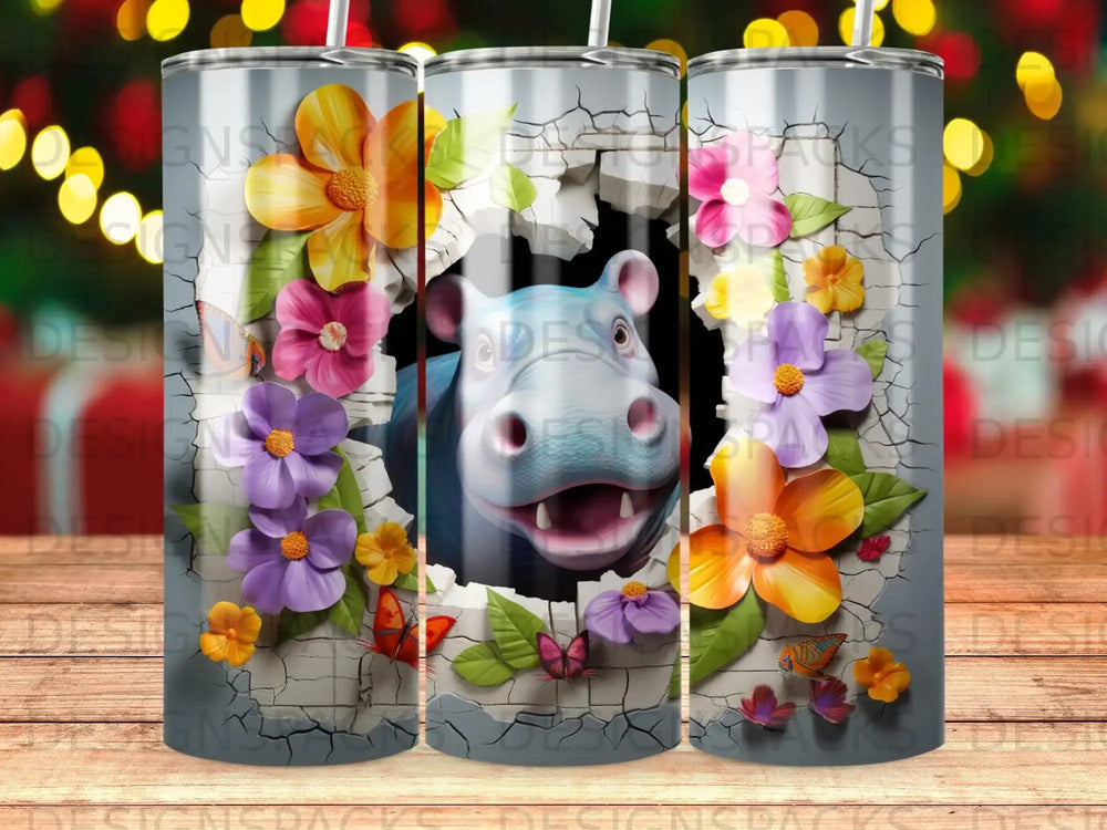 Hippo bursting through a cracked wall surrounded by colorful flowers and butterflies.