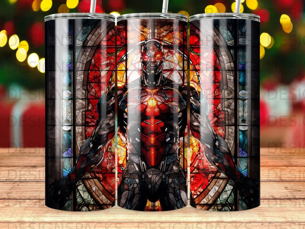 Stained glass pattern with a robot figure centered.