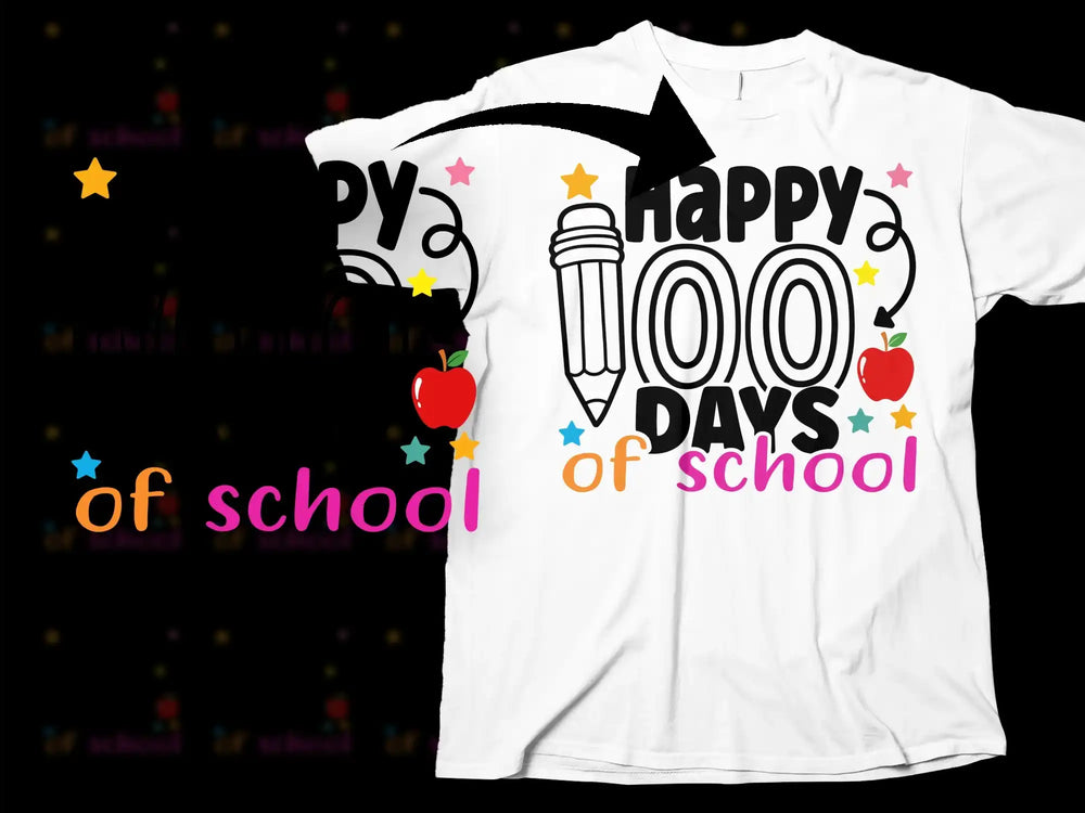 Happy 100 Days of School T-Shirt, Kids White Graphic Tee, Celebration School Shirt, Fun Apple and Pencil Design, Star Accents