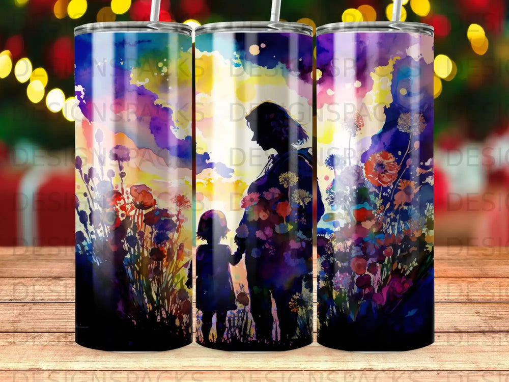 Silhouette of pregnant woman and child against a floral watercolor background.