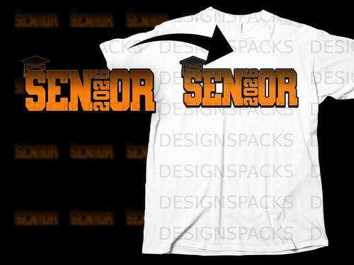 Senior 2026 graphic with graduation cap on white t-shirt mockup