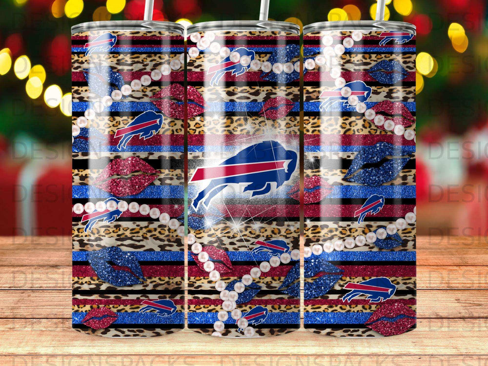 Buffalo Bills leopard print and pearl tumbler with glitter lips.