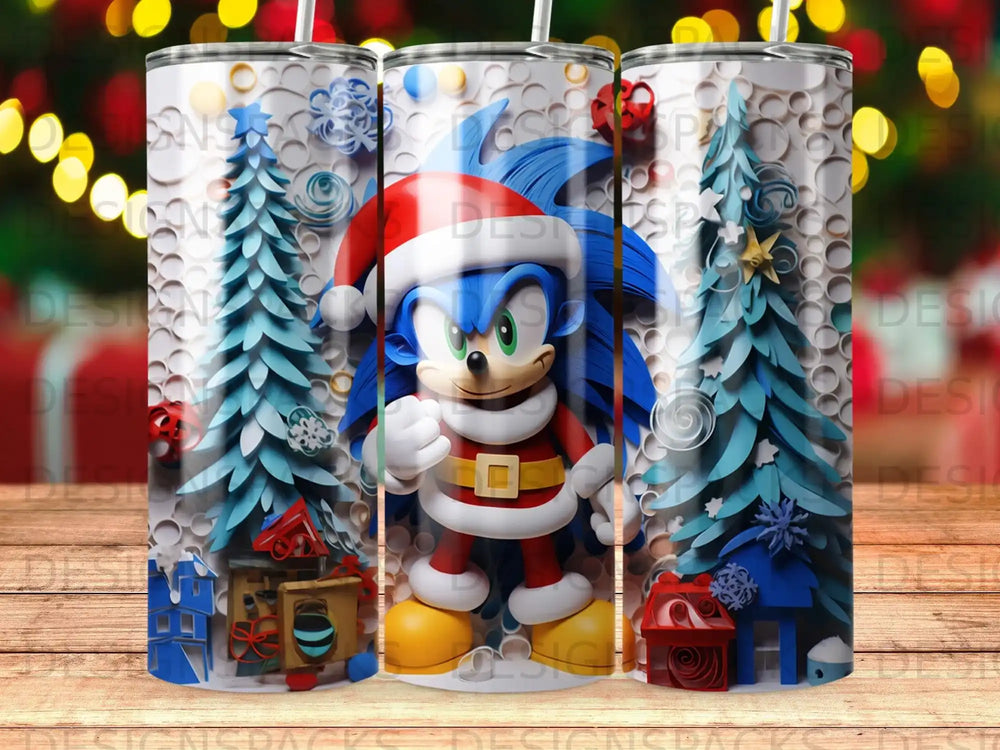 Sonic the Hedgehog in a Santa hat with gifts and snow-covered trees.