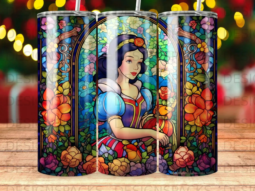 Snow White in a stained-glass window surrounded by flowers and holding a pumpkin.