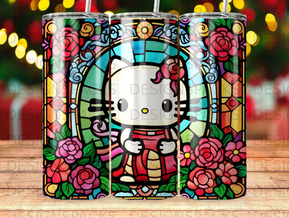 Hello Kitty in stained glass style with floral accents.