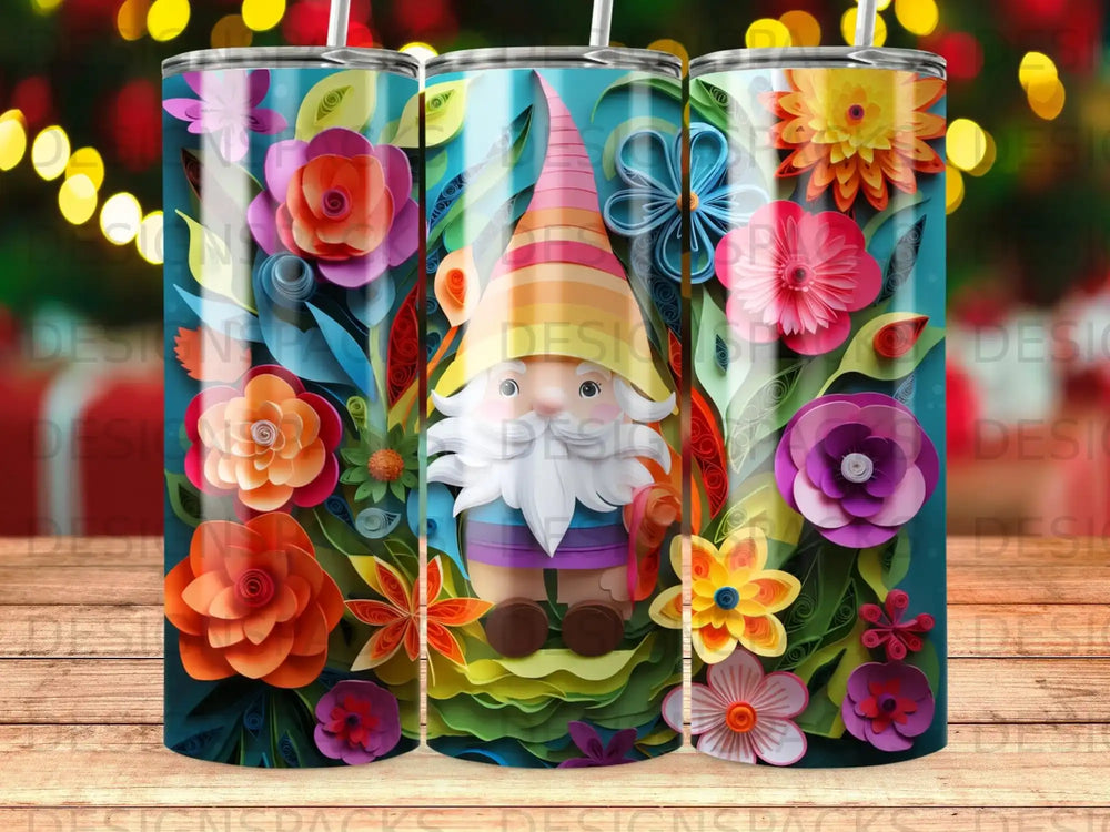 Gnome with colorful flowers, bright background, on a tumbler.