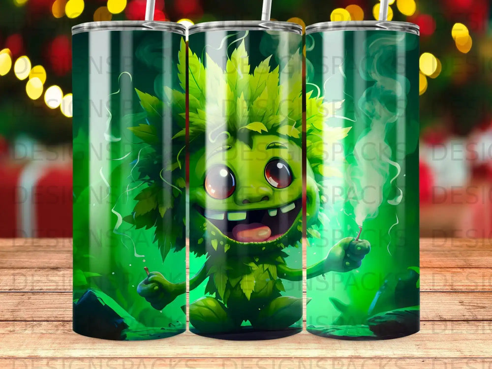 Green cartoon monster with leafy hair and wide smile holding two smoking objects.